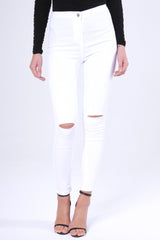 White High Waisted Ripped Knee Jeans - Camisha-Jeans
