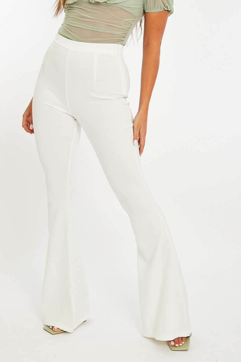 White High Waisted Side Zip Flare Trousers - Billie-Trousers