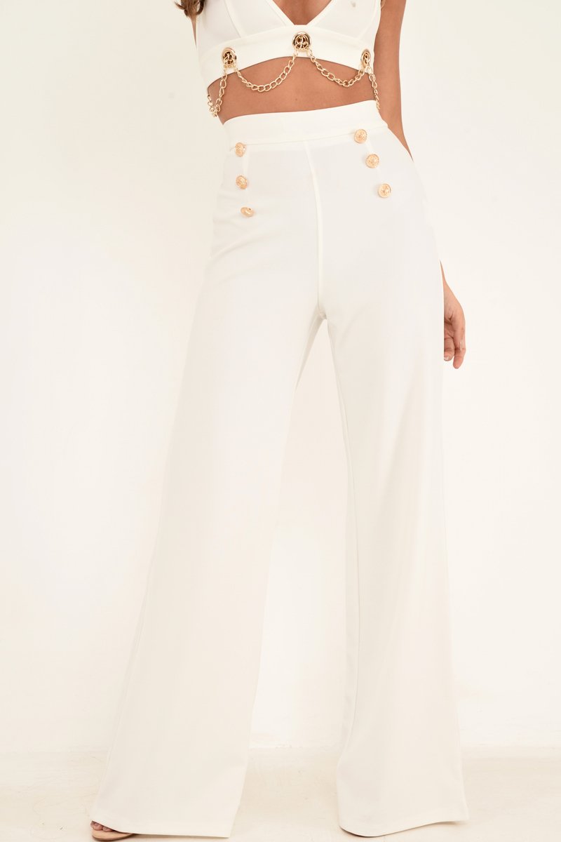 White High Waisted Wide Leg Button Front Trousers - Gidget-Trousers