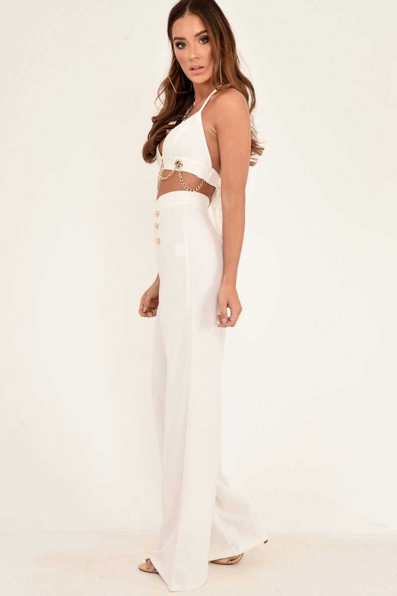 White High Waisted Wide Leg Button Front Trousers - Gidget-Trousers