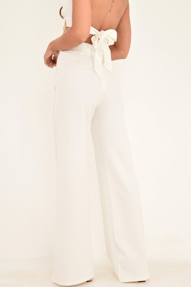 White High Waisted Wide Leg Button Front Trousers - Gidget-Trousers