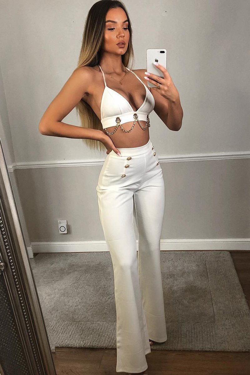 White High Waisted Wide Leg Button Front Trousers - Gidget