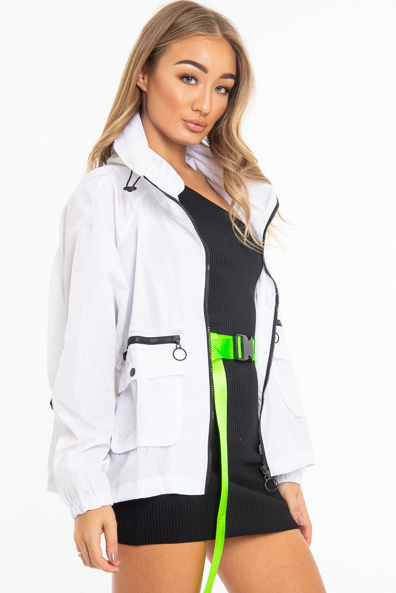 White Hooded Zip Front Rain Parka - Leticia-Coats