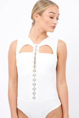 White Hook And Eye Cut Out Bodysuit - Reign-Bodysuits