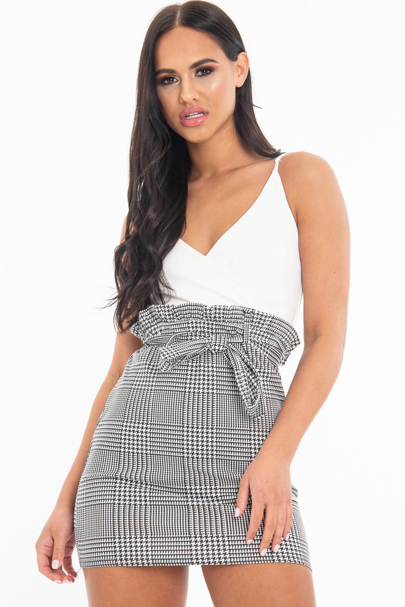 White Houndstooth Belted Paper Bag Waist Dress - Marnie-Dresses