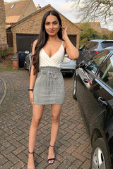 White Houndstooth Belted Paper Bag Waist Dress - Marnie-Dresses