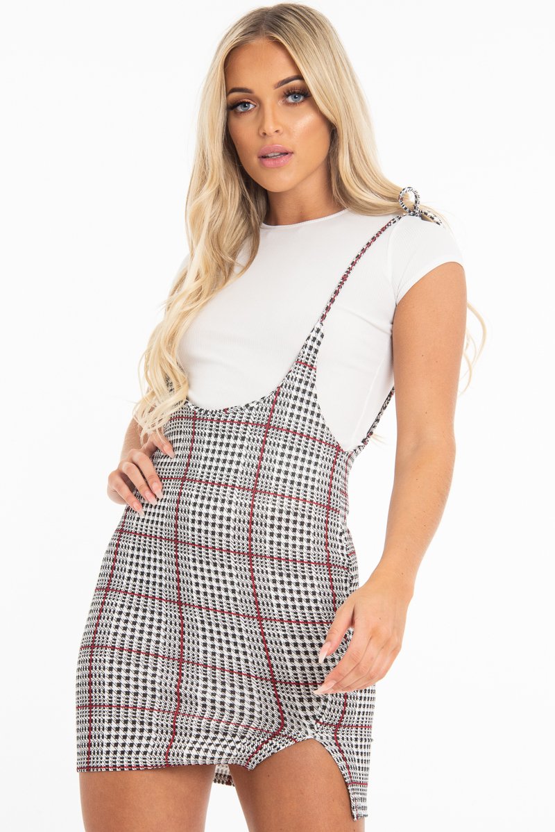 White Houndstooth T-Shirt Insert Tie Detail Dress - Saffy-Dresses