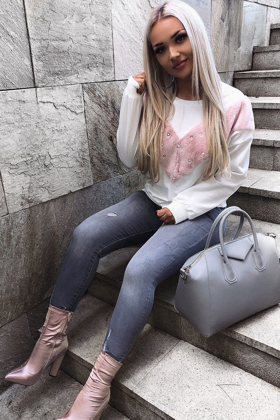 White Jumper with Fur and Pearl Front - Annita-Jumper