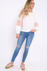 White Jumper with Fur and Pearl Sleeves - Izabella-Jumper
