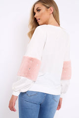 White Jumper with Fur and Pearl Sleeves - Izabella-Jumper