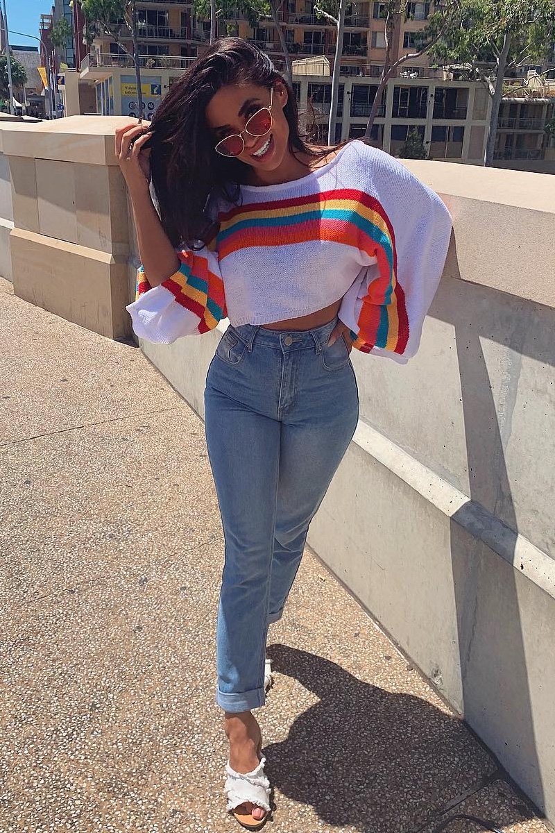 White Jumper with Stripe Rainbow Middle Jumper - Dasie-Jumper