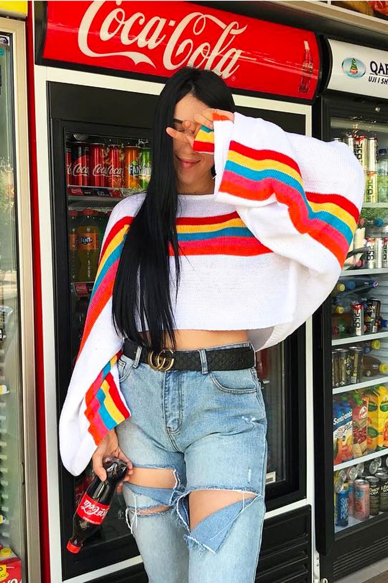White Jumper with Stripe Rainbow Middle Jumper - Dasie-Jumper