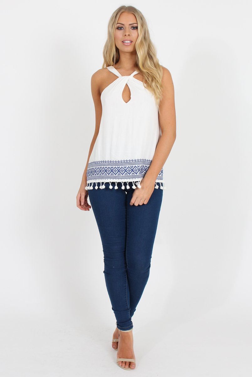 White Key Hole Pom Pom Top - Selena-Tops