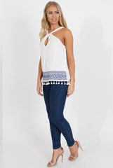 White Key Hole Pom Pom Top - Selena-Tops