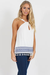 White Key Hole Pom Pom Top - Selena-Tops