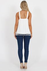 White Key Hole Pom Pom Top - Selena-Tops