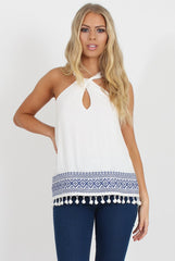 White Key Hole Pom Pom Top - Selena-Tops