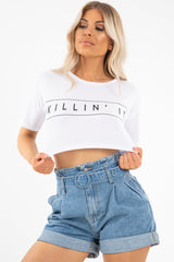 White Killin' It Print Crop Crew Neck T-Shirt - Jenny-T-shirt
