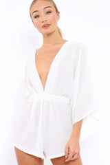 White Kimono Plunge Playsuit - Alisa-Playsuits