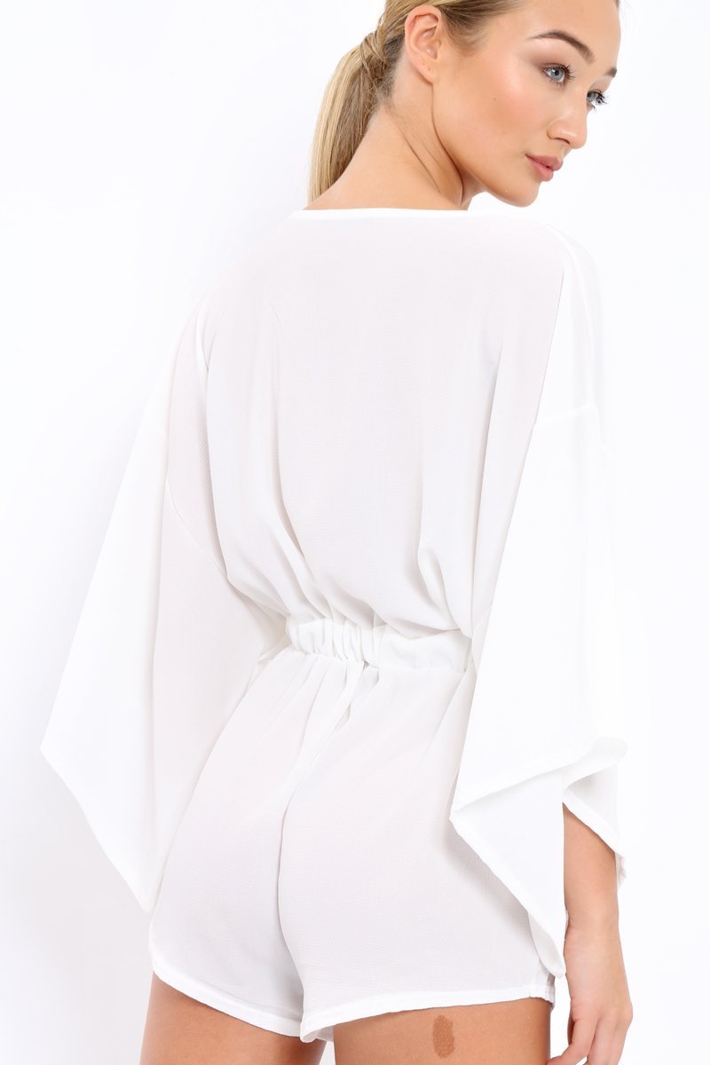 White Kimono Plunge Playsuit - Alisa-Playsuits