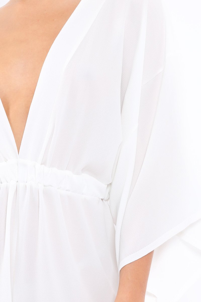 White Kimono Plunge Playsuit - Alisa-Playsuits