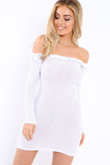 White Knit Bardot Midi Dress - Brianna-Dresses