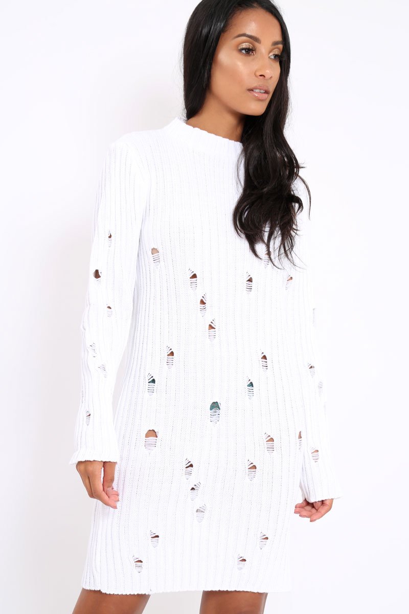 White Knit Distressed Jumper Dress - Cheryl-Dresses