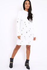 White Knit Distressed Jumper Dress - Cheryl-Dresses