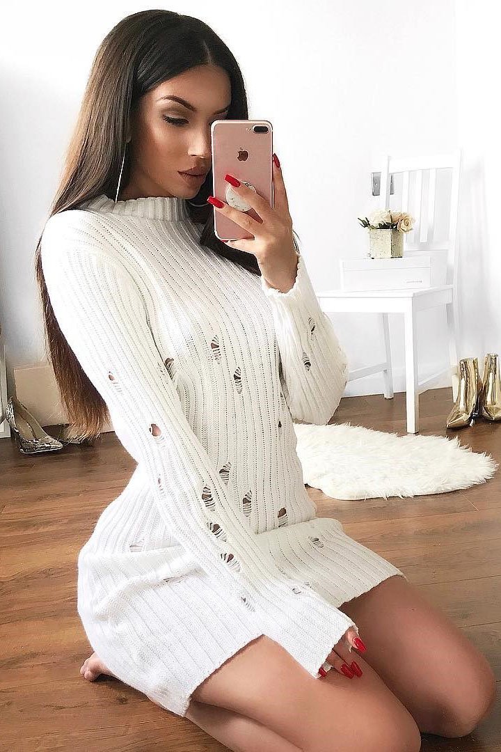 White Knit Distressed Jumper Dress - Cheryl Rebellious Fashion White Knit Distressed Jumper Dress - Cheryl Rebellious Fashion