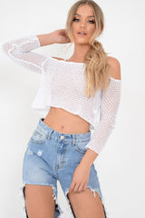 White Knitted Bardot Crop Top - Inari-Crop Tops