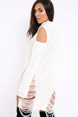 White Knitted Cut Out Front Cold Shoulder Distressed Jumper Dress - Jamie-Jumper