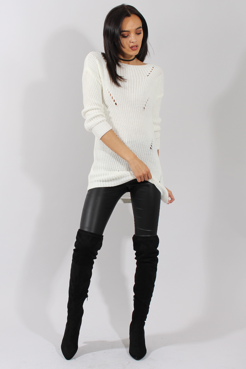 White Knitted Distressed Back Jumper Dress - Cara-Jumper