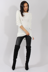 White Knitted Distressed Back Jumper Dress - Cara-Jumper