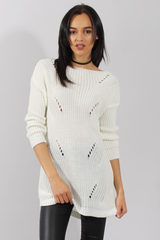 White Knitted Distressed Back Jumper Dress - Cara-Jumper