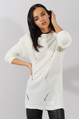 White Knitted Distressed Back Jumper Dress - Cara-Jumper