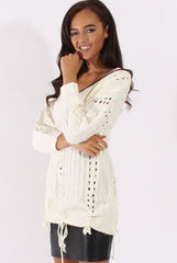 White Knitted Lace Up Detail Sweater - Yazz-Jumpers