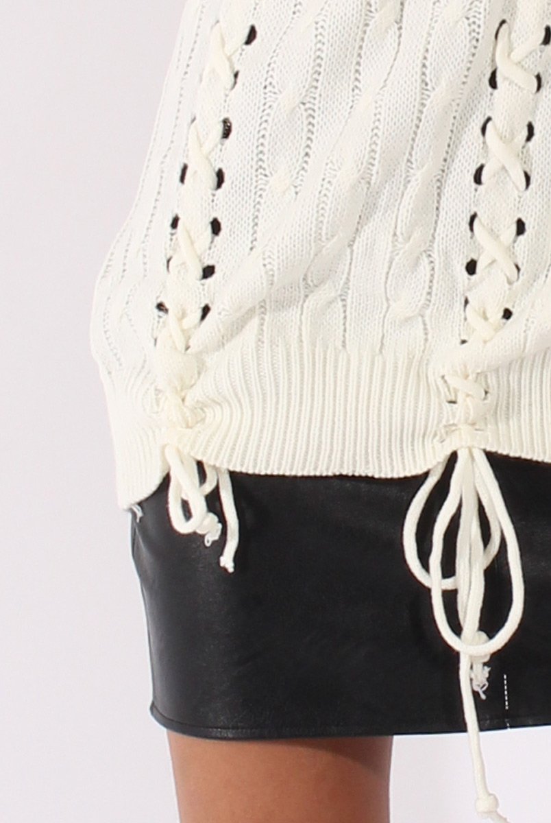 White Knitted Lace Up Detail Sweater - Yazz-Jumpers