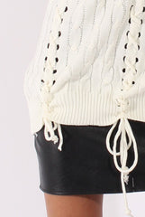 White Knitted Lace Up Detail Sweater - Yazz-Jumpers