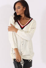 White Knitted Lace Up Detail Sweater - Yazz-Jumpers