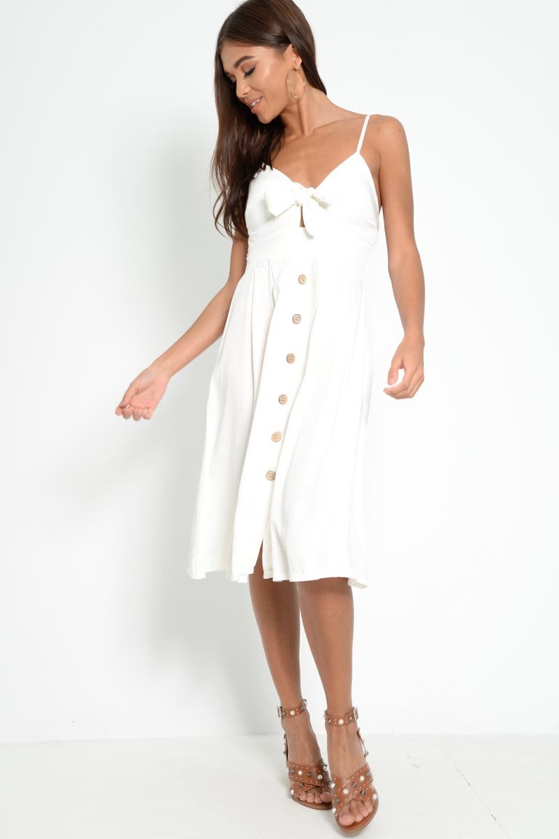 White Knot Front Button Dress - Kadia-Dresses