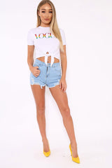 White Knot Front Rainbow Vogue Slogan Top - Jhenna-Tops