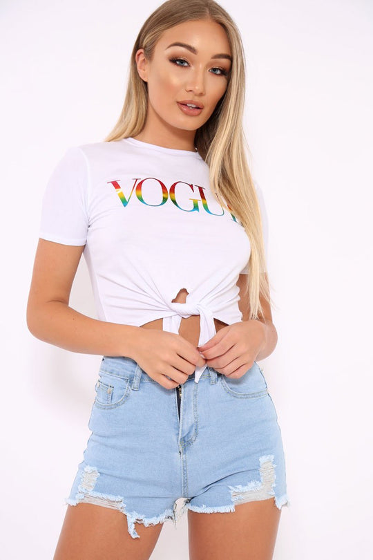 White Knot Front Rainbow Vogue Slogan Top - Jhenna