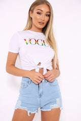 White Knot Front Rainbow Vogue Slogan Top - Jhenna-Tops