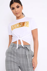 White Knot Front Vogue Slogan Top - Ashira-Tops
