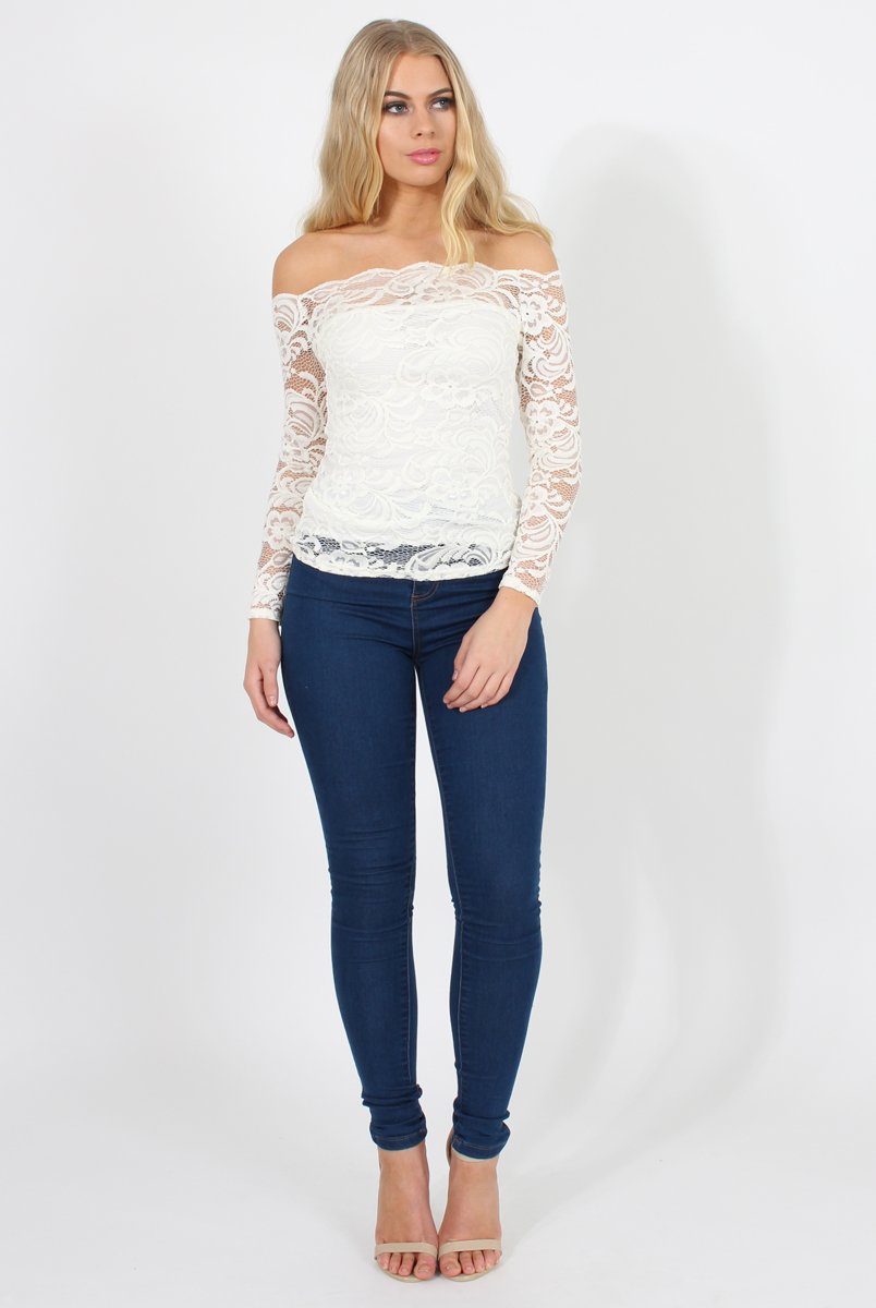 White Lace Bardot Top - Ariel-Tops