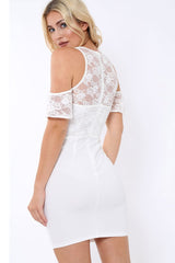 White Lace Bodycon Dress with Cold Shoulder - Sheila-Dresses