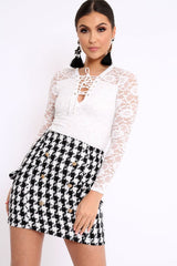 White Lace Bodysuit with Lace Up Front - Khiana-Bodysuits