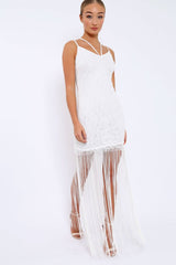 White Lace Dress with Long Tassel Hems - Zana-Dresses