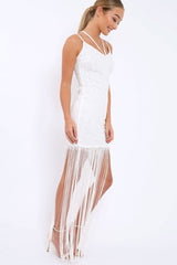 White Lace Dress with Long Tassel Hems - Zana-Dresses