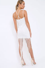 White Lace Dress with Long Tassel Hems - Zana-Dresses